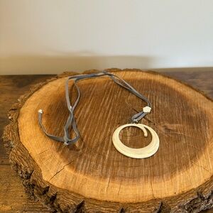 Silver Crescent Pendant Necklace with Gray Suede Cord